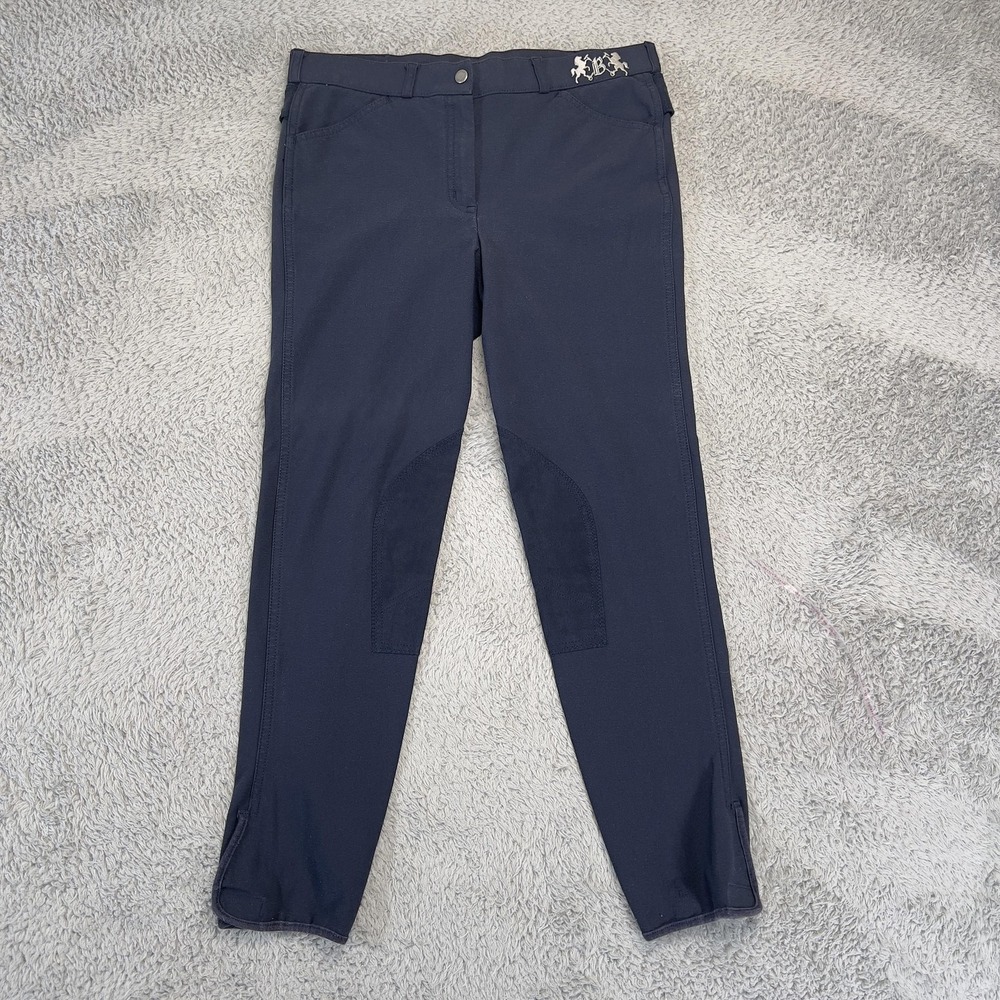 B Vertigo Riding‎ Breeches Size L Blue Cotton Lycra Knee Patch Belt Equestrian